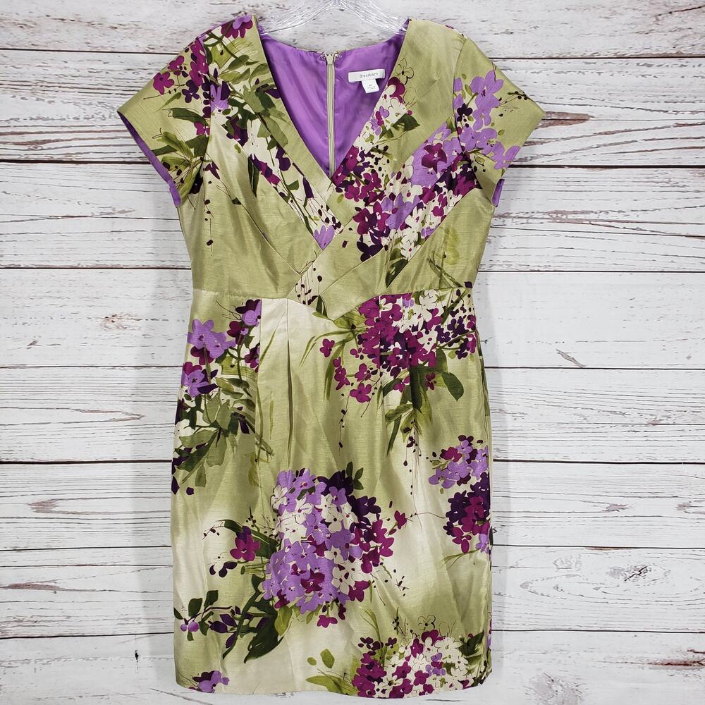Dressbarn Women's Purple Green Floral Vibrant V-Neck Sheath Dress Size 10